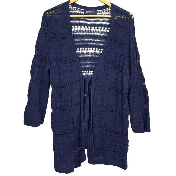 Jones New York 2X Cardigan Sweater Blue Open Knit Tie Front Y2K Fairy Grunge - Picture 1 of 5